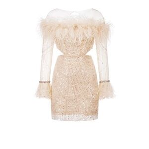 Elegant Cream Feathered Women's Dress